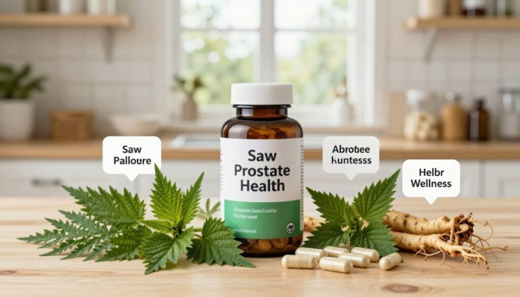 A beautifully arranged composition featuring key ingredients found in a prostate supplement, emphasizing their health benefits. In the foreground, showcase vibrant herbs like saw palmetto and nettle roots, alongside capsules. The middle layer includes labels or small icons symbolizing benefits like improved prostate health and overall wellness. The background features a soft-focus representation of a cozy kitchen or health store with natural light filtering through a window, creating a warm and informative atmosphere. Use a shallow depth of field to keep the focus on the ingredients while gently blurring the background. The scene should evoke a sense of trust and knowledge, making it visually appealing for health-conscious readers.
