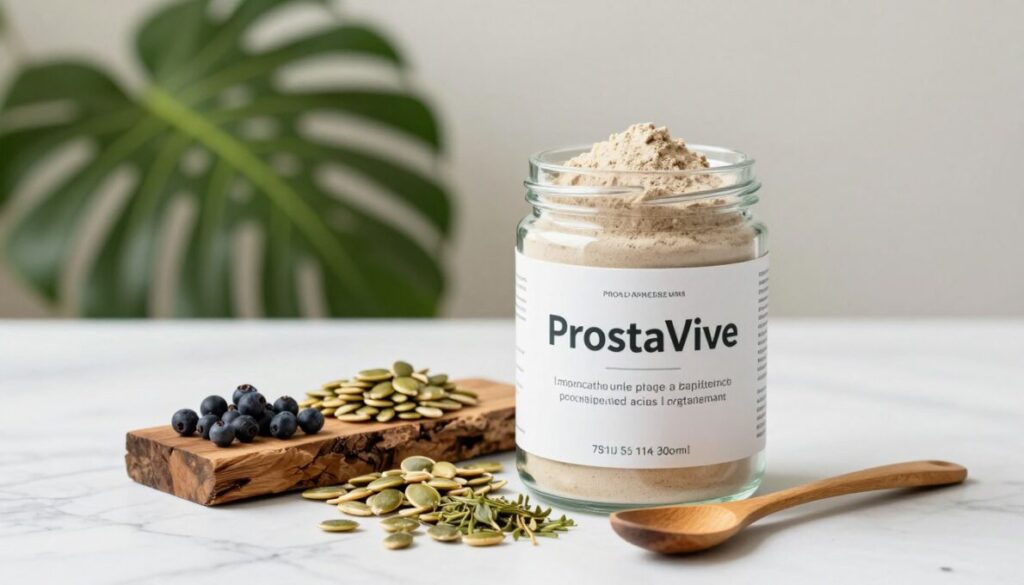 A beautifully arranged container of ProstaVive powder, showcasing the product against a clean, white marble countertop. In the foreground, a small, elegant glass jar with a wooden spoon rests next to an assortment of natural ingredients such as saw palmetto berries, pumpkin seeds, and botanical herbs, neatly arranged on a block of organic wood. The middle ground features soft, diffused lighting that enhances the textures of the ingredients and the jar. In the background, a blurred image of a calming green plant, symbolizing wellness and vitality, creates a serene atmosphere. The composition conveys a sense of health and tranquility, appealing to men over 40 concerned about their prostate health. Natural light falls gently, casting subtle shadows, creating a warm and inviting vibe.