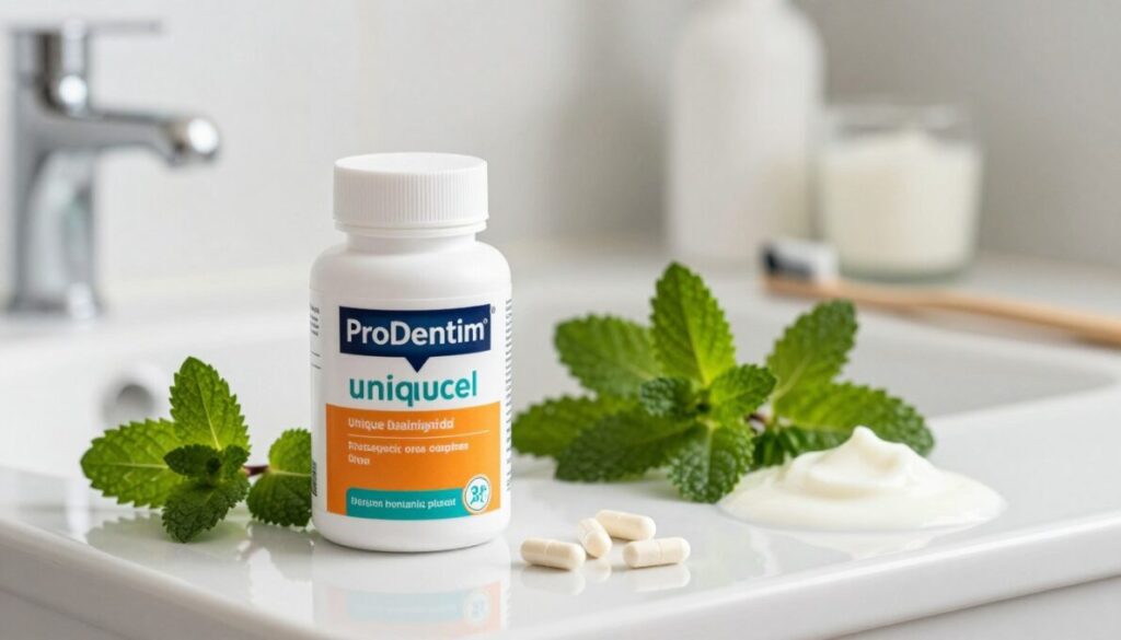 A beautifully arranged display of the ProDentim unique oral supplement, featuring its packaging prominently in the foreground, showcasing vibrant colors and clean design. In the middle, include a selection of fresh herbs and probiotic ingredients that suggest natural benefits, like mint leaves and yogurt cultures, arranged artistically around the supplement. In the background, create an inviting bathroom setting with soft lighting that reflects a clean and serene atmosphere, illuminating hints of dental tools and a toothbrush to signify oral care. Capture the scene from a slightly elevated angle to enhance the depth and focus on the product. The overall mood should evoke trust and health, illustrating a modern, natural approach to oral care.