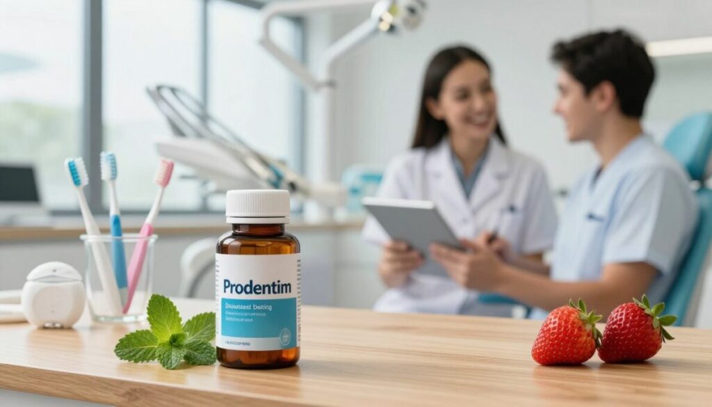 A bright and inviting dental office scene showcasing an elegantly designed bottle of Prodentim dietary supplement prominently displayed on a polished wooden table in the foreground. Surround it with fresh ingredients like mint leaves and strawberries to symbolize its natural components. In the middle ground, a well-organized dental care section with toothbrushes, dental floss, and a cheerful, professional-looking dental hygienist in smart casual attire, examining a patient's dental records on a digital tablet. The background features a softly lit, modern dental clinic with large windows allowing natural light to illuminate the space, creating a warm and welcoming atmosphere. The overall mood of the image should convey health, vitality, and a commitment to oral care, emphasizing the benefits of Prodentim for stronger teeth and healthier gums.