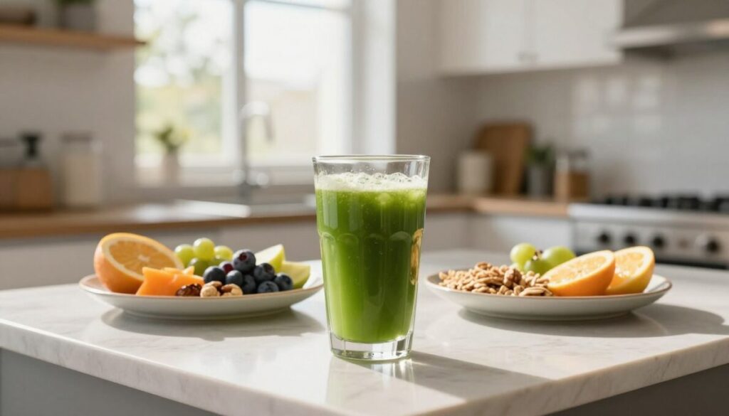 A bright and inviting morning scene in a modern kitchen, showcasing a glass of Mitolyn energy boost on a countertop. The foreground features the glass filled with a vibrant green drink, reflecting sunlight. In the middle ground, a healthy breakfast of fruits, nuts, and whole grains is arranged neatly, illustrating a balanced morning routine. In the background, a large window allows warm, natural light to flood in, illuminating the space and creating a cheerful atmosphere. The kitchen is stylish with minimalist decor, emphasizing cleanliness and vitality. The overall mood is energetic and refreshing, capturing the essence of early shifts in energy. The image should be composed with a soft focus on the drink, drawing the viewer's eye while maintaining a clear view of the nutritious breakfast.