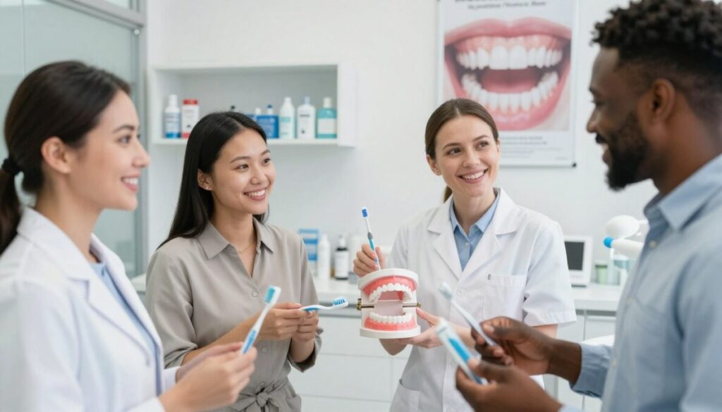 A bright, well-lit dental clinic setting, emphasizing the importance of oral health. In the foreground, a smiling, diverse group of adults in professional attire, including a woman of Asian descent and a man of African descent, are engaged in conversation, each holding a toothbrush and dental care products. Their smiles reveal healthy teeth, reflecting confidence and well-being. In the middle ground, a dental hygienist, a Caucasian woman, is demonstrating proper brushing techniques on a large model of a mouth. The background features shelves filled with dental care items, and a poster on the wall showcasing healthy teeth and gums. Soft, natural lighting creates an inviting and educational atmosphere, highlighting the significance of oral hygiene in daily life.