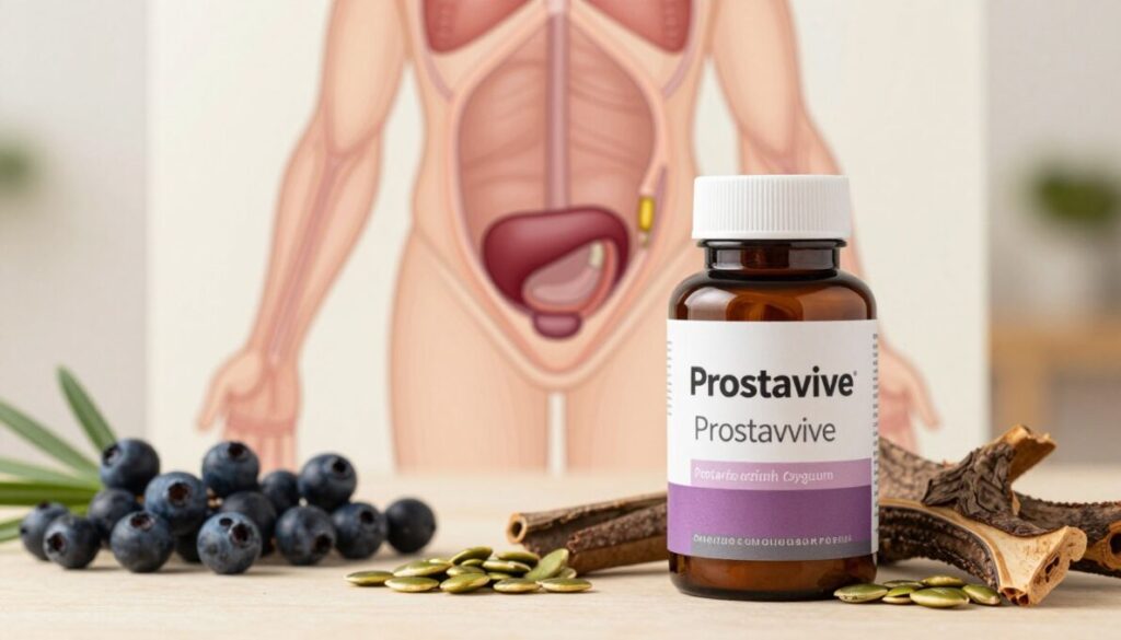 A clean, informative overview of Prostavive, showcasing a bottle of the Prostavive supplement prominently in the foreground. Surrounding the bottle, display natural ingredients such as saw palmetto berries, pumpkin seeds, and pygeum bark artistically arranged to emphasize their importance in prostate health. In the middle ground, include a softly blurred diagram illustrating the male anatomy, particularly focusing on the prostate gland to visually link the supplement to its health benefits. The background features a calm, serene environment with soft, warm lighting to convey a sense of wellness and vitality. The overall mood should be professional and inviting, capturing the essence of a trusted health supplement. Use a shallow depth of field to draw attention to the Prostavive bottle and ingredients without any text or logos.