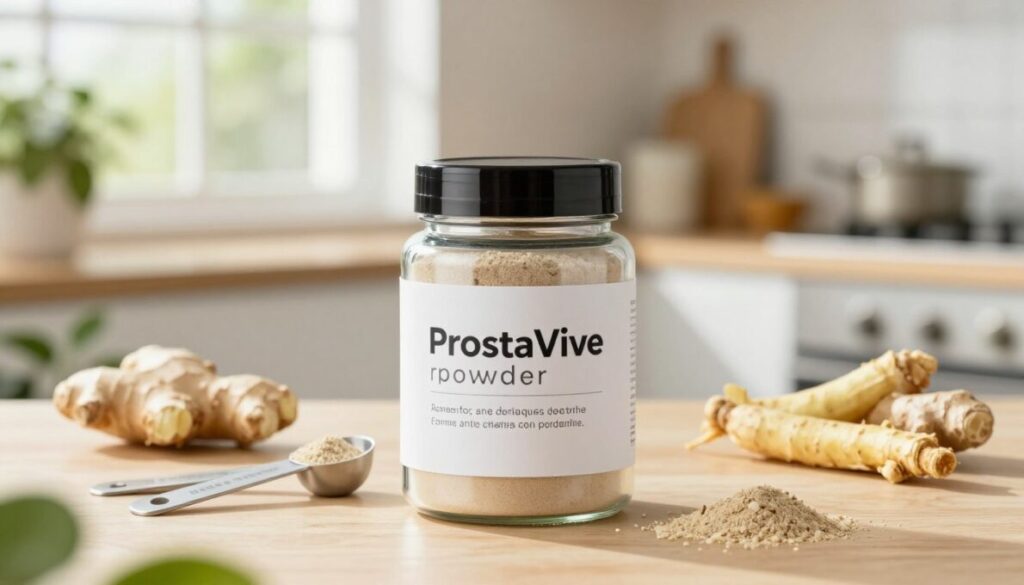 A clean, modern presentation of ProstaVive powder, elegantly displayed in a vibrant, well-lit setting. In the foreground, a sleek, clear jar of the powder with a minimalist label is surrounded by a few measuring spoons and herbal elements representing wellness, such as ginger or ginseng roots. In the middle ground, soft, out-of-focus greenery subtly represents health and vitality. In the background, a softly lit kitchen space with natural light pouring in through a window creates a warm atmosphere. The overall mood is uplifting and informative, emphasizing comfort and men's wellness. The composition is inviting and professional, with a focus on the product and its health benefits, captured with a shallow depth of field for visual clarity.