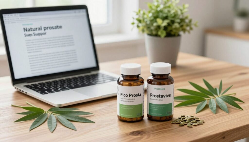 A clean, organized workspace featuring two natural prostate supplements, Pico Prosta and Prostavive, on a wooden desk. In the foreground, the bottles are clearly labeled with eco-friendly packaging, surrounded by fresh herbs such as saw palmetto and pumpkin seeds, symbolizing their natural ingredients. The middle section shows a laptop open with a health article on the screen, emphasizing information on prostate support. In the background, soft natural lighting filters through a window, illuminating a potted plant that adds a touch of vitality. The atmosphere is professional yet inviting, suggesting wellness and holistic health. Capture the scene from a slightly elevated angle to provide a comprehensive view while maintaining focus on the supplements.