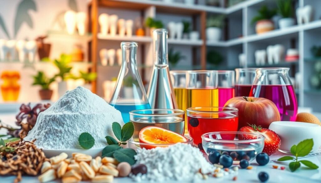 A close-up composition showcasing the science of oral probiotic ingredients in a visually engaging manner. In the foreground, display various natural probiotic ingredients such as white powder, dried herbs, and colorful fruits arranged artistically on a dental-themed backdrop, symbolizing healthy teeth. The middle should feature scientific glassware like beakers and petri dishes, filled with vibrant colored liquids to represent the active components of the probiotics. In the background, softly illuminated shelves lined with dental models and plant life create a warm, inviting atmosphere. Use soft, diffused lighting to enhance the organic quality of the ingredients, and a shallow depth of field to draw focus to the foreground while gently blurring the background. The overall mood should be informative and optimistic, reflecting a breakthrough in dental health science.