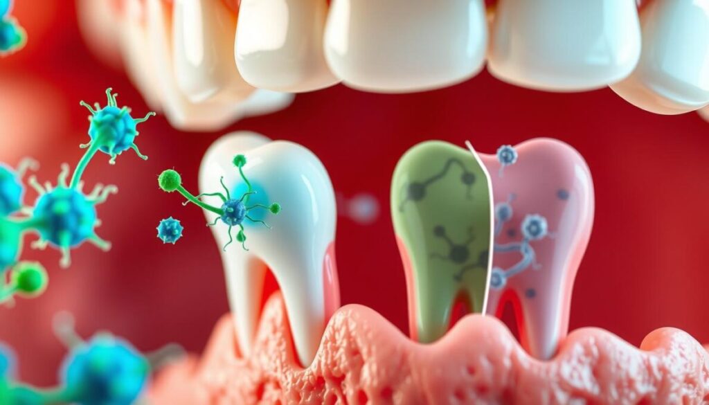 A close-up illustration of the oral probiotics mechanism in an anatomical context. In the foreground, depict friendly bacteria, represented as vibrant blue and green microbes, interacting with a stylized human tooth, showcasing their role in promoting oral health. The middle layer features a healthy gum line and a split view showing harmful bacteria diminishing, creating a contrast. In the background, blurred dental structures suggest a mouth environment with soft lighting that enhances the colors and gives a clean, clinical ambiance. Use a macro lens perspective for detail, highlighting textures and colors. The mood is informative and uplifting, emphasizing the positive effects of oral probiotics on dental health.