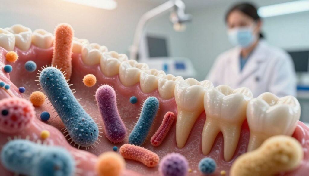 A close-up, intricate view of the oral microbiome ecosystem, depicting a vibrant and diverse array of beneficial bacteria and microorganisms residing in a healthy human mouth. In the foreground, feature various friendly microbes with distinct shapes and colors, such as spheres and rods, alongside healthy gum tissue. The middle ground should show a detailed tooth structure, emphasizing the interplay between these microorganisms and dental health. In the background, illustrate a soft-focus representation of a dentist's office to suggest a professional medical environment. Utilize warm, inviting lighting to create a sense of comfort and well-being, while capturing the scene with a macro lens to enhance the intricate details. The overall mood should evoke a sense of harmony in dental care and natural health.