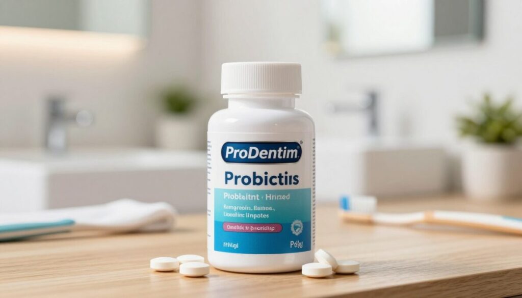 A close-up view of a ProDentim oral probiotics supplement bottle, positioned prominently in the foreground. The bottle is sleek and modern, with a polished finish and a vibrant label showcasing the product name and key benefits. Surrounding the bottle are a few probiotic tablets, glistening against a softly lit wooden surface. In the middle ground, a clean, bright bathroom counter with a toothbrush and a small plant adds a touch of freshness. The background features soft, blurred elements like a mirror and gentle lighting, creating a calm and hygienic atmosphere. The image should evoke a sense of health and well-being, utilizing soft, natural lighting that enhances the bottle and tablets, shot with a shallow depth of field for a professional, magazine-quality look.