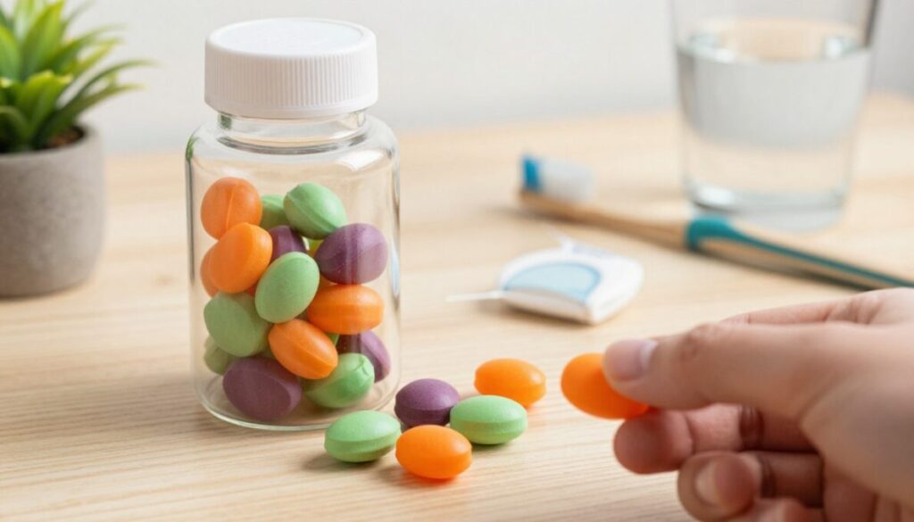 A close-up view of colorful chewable oral probiotics presented in a sleek, glass jar with a modern design. The probiotics appear as gummy tablets in vibrant hues of orange, green, and purple, glistening under soft, natural lighting. In the foreground, a hand gently reaches for a tablet, emphasizing the chewable aspect. The middle ground features a blurred wooden countertop with a small potted plant, adding a touch of freshness and vitality. In the background, a subtle dental care setup includes a toothbrush, dental floss, and a glass of water. The atmosphere is inviting and healthy, suggesting a contemporary lifestyle, while the composition maintains a clean and professional aesthetic without any distractions or text overlays.