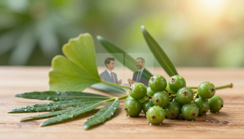 A close-up view of saw palmetto berries and leaves arranged artistically on a wooden table, showcasing their vibrant green hues and rich textures. In the foreground, emphasize the glistening, ripe berries with droplets of water, suggesting freshness and health benefits. In the middle, incorporate a subtle overlay of herbal elements like ginkgo biloba leaves and soft-focus images of men in professional attire discussing natural health, symbolizing the connection to prostate support. In the background, create a gentle bokeh effect of lush green foliage and a soft, warm light filtering through, promoting a calming and holistic atmosphere. The composition should feel serene, highlighting the essence of nature's remedy for prostate health.