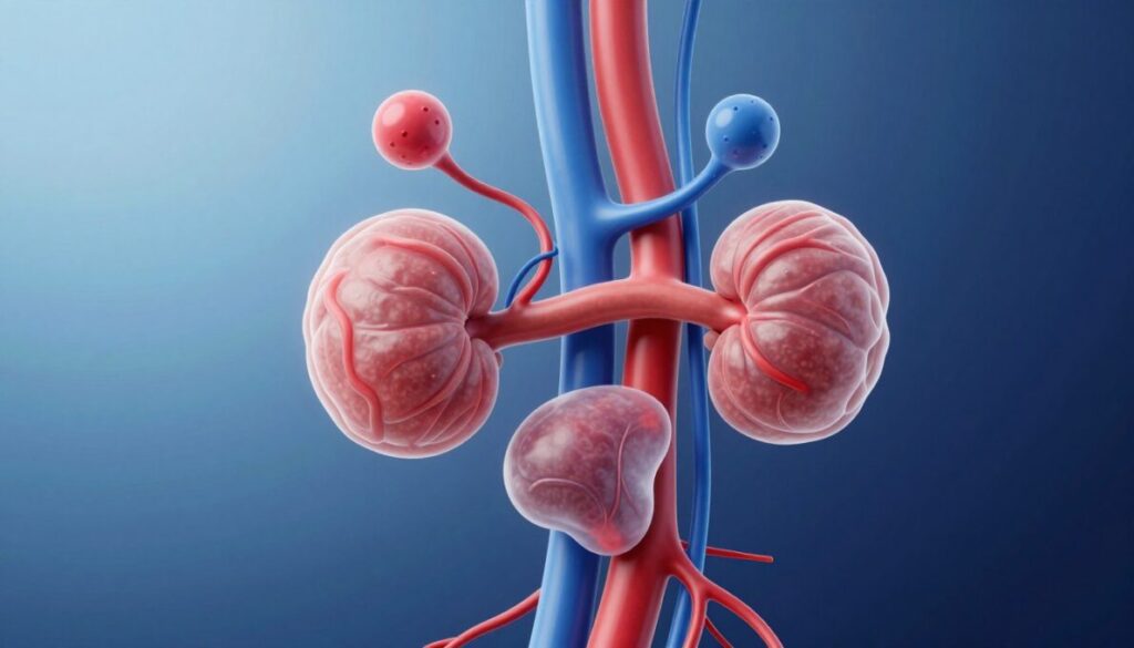 A detailed, anatomical illustration depicting the blood flow in the prostate area, focusing on the circulatory system's intricacies. In the foreground, show stylized, transparent representations of the prostate and surrounding blood vessels, highlighting red and blue hues to signify oxygenated and deoxygenated blood flow. In the middle ground, include artistically rendered representations of nitric oxide molecules enhancing blood circulation. The background should feature a soft gradient that transitions from light blue to deep navy, evoking a sense of calm and health. Use natural, ambient lighting to create a serene atmosphere. The image should convey a sense of vitality and wellness, offering a scientific yet approachable insight into prostate health and circulation. Ensure all elements are depicted with professionalism and clarity, avoiding any explicit or suggestive imagery.