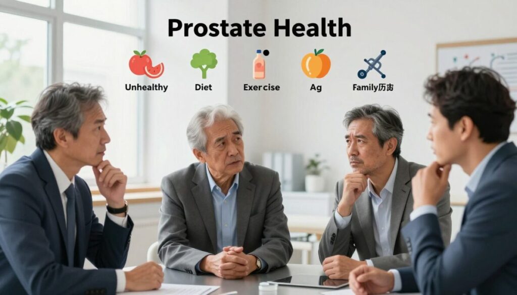 A detailed and informative illustration of prostate health risk factors. In the foreground, a diverse group of three middle-aged men in professional attire, engaged in a discussion, each displaying expressions of concern and thoughtfulness. In the middle ground, infographics with icons representing risk factors like unhealthy diet, lack of exercise, age, and family history, subtly blended with abstract representations of healthy lifestyle choices, such as fruits and exercise equipment. The background features a serene medical office or wellness center, with soft natural lighting filtering through a window, creating a calm and supportive atmosphere. The overall mood is educational and insightful, encouraging viewers to reflect on prostate health awareness.