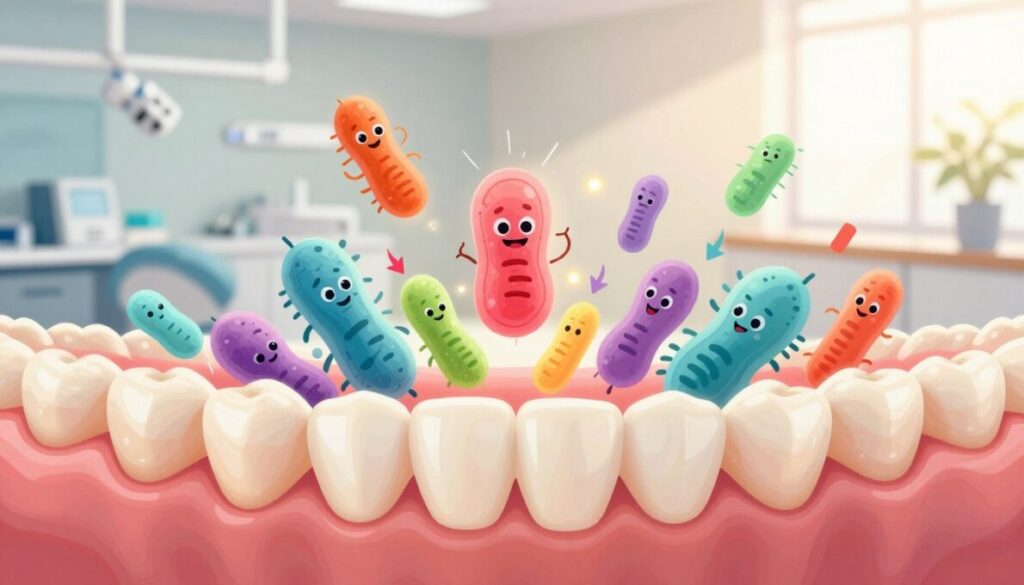 A detailed and informative illustration of the mechanisms of oral probiotics. In the foreground, depict a stylized, transparent mouth showing the teeth and gums, with colorful, friendly probiotic bacteria highlighted among them, illustrating their positive interaction with oral health. The middle section should show a schematic representation of beneficial bacteria multiplying and outcompeting harmful bacteria, using arrows and subtle glow effects for clarity. In the background, create a soft-focus dental environment with a bright, clean dental office setting, enhanced by natural sunlight pouring in through a window, creating an inviting and positive atmosphere. Emphasize vibrancy and health, using warm tones and a balanced composition to convey a mood of well-being and rejuvenation.