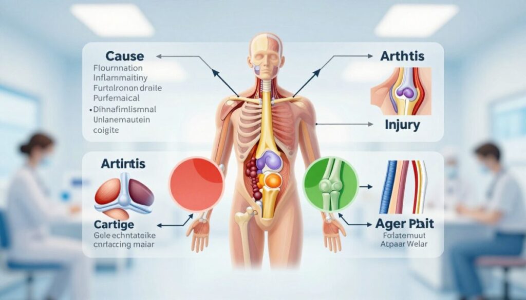 A detailed diagram illustrating the causes of joint pain, featuring a central anatomical illustration of a human joint surrounded by labeled sections highlighting various causes such as inflammation, arthritis, injury, and age-related wear. The foreground showcases vibrant colors to differentiate each cause, while the middle layer contains an informative layout of arrows directing attention to specific joint anatomy, such as cartilage and ligaments. The background is softly blurred to maintain focus on the diagram, with a subtle gradient transitioning from light blue to white, suggesting a clinical and calming atmosphere. The lighting should appear bright and professional, simulating a well-lit medical environment.