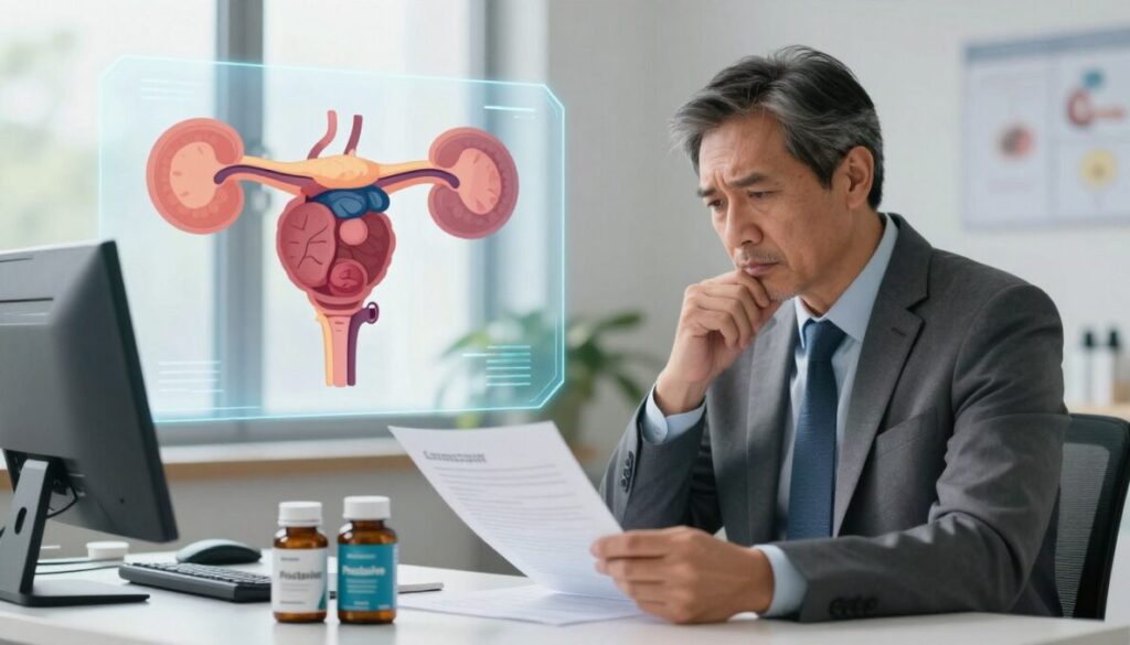 A detailed illustration depicting the concept of prostate health challenges. In the foreground, a mature male figure in professional business attire sits thoughtfully at a desk, reviewing medical papers and supplement bottles labeled 'Prostavive'. The figure shows concern yet determination, reflecting the importance of prostate health. In the middle ground, anatomical visuals of the prostate and related organs are artistically integrated into the scene, possibly displayed on a transparent digital screen for a modern touch. The background features a serene medical office setting with soft, natural lighting filtering through a window, creating a calm and informative atmosphere. The overall mood conveys a sense of awareness and hope in managing prostate health challenges.