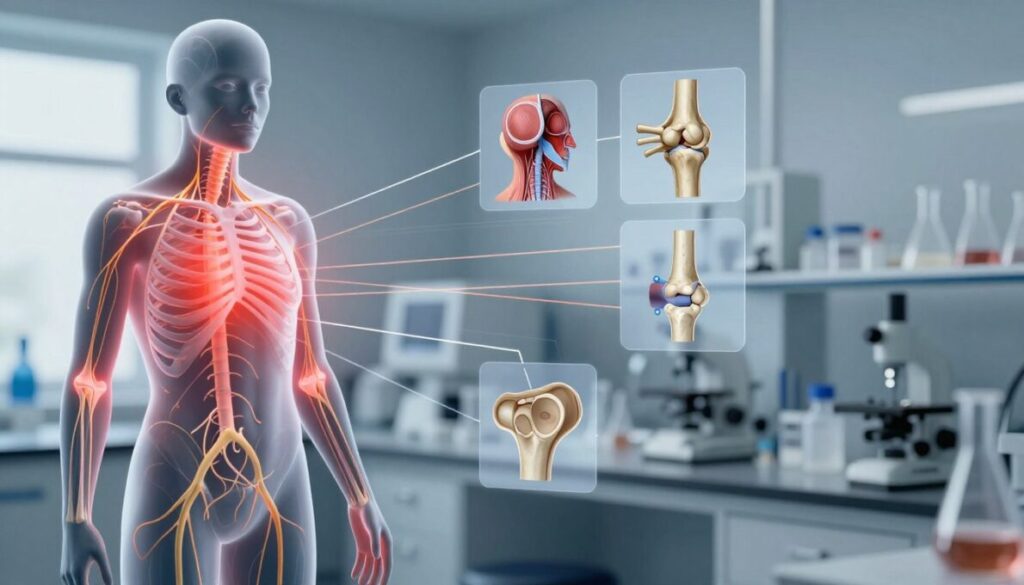 A detailed illustration focusing on the scientific aspects of nerve pain and joint health. In the foreground, a transparent human silhouette with highlighted nerves and joints, showcasing areas affected by pain with a soft red glow. In the middle ground, various anatomical diagrams of the nervous system and joint structures, connected by intricate lines representing the communication pathways of pain perception. The background features a blurred laboratory setting filled with scientific equipment, emphasizing research and innovation in pain management. Soft, natural lighting illuminates the scene, with a slightly cool color palette to evoke a professional and clinical atmosphere. The angle should be dynamic, slightly tilted to draw the viewer's eye towards the anatomical details while maintaining a focus on the overall theme of health science.