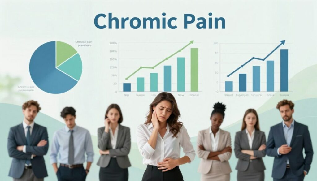 A detailed infographic illustrating the impact of chronic pain, designed to be informative and visually engaging. In the foreground, emphasize human silhouettes in professional business attire, showcasing diverse demographics, demonstrating expressions of discomfort and resilience. In the middle layer, include graphical elements such as pie charts and bar graphs representing statistics on chronic pain prevalence and the rising trend of natural supplement use. The background should feature a soft, muted medical-themed design, blending colors of blue and green to evoke a feeling of calmness and healing. Soft, natural lighting should illuminate the infographic, creating a professional yet approachable atmosphere. The overall composition should be clean and organized, guiding the viewer’s eye through the information without clutter.