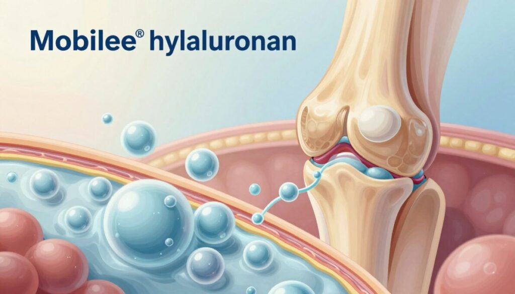 A detailed scientific illustration showcasing the Mobilee® hyaluronan mechanism in action. In the foreground, depict a stylized representation of synovial fluid bubble structures being replenished by Mobilee® hyaluronan molecules, which are illustrated as dynamic, swirling shapes around the joints. In the middle ground, feature a human knee joint in cross-section, clearly highlighting cartilage and synovial membranes, with a focus on the fluid-filled spaces. In the background, include a soft gradient representing a biological environment, with muted colors to enhance focus on the joint structure. The lighting should be soft and natural, illuminating the molecular details, while maintaining a professional and informative atmosphere, suitable for an educational article.