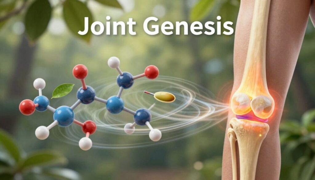 A dynamic, informative scene depicting the concept of "Joint Genesis." In the foreground, illustrate a healthy human joint, such as a knee or elbow, highlighted with vibrant colors and subtle glowing effects to signify vitality and strength. The middle ground should feature molecular structures symbolizing natural ingredients and innovative formulas that target joint health, intermixed with light, swirling elements to represent movement and flexibility. In the background, a serene setting with soft, natural light filtering through leaves, creating an atmosphere of wellness and comfort. The image should evoke a sense of hope and renewal, showcasing the essence of joint health support without any text or distractions. Capture this scene with a soft focus lens, ensuring a harmonious blend of elements that inspires confidence in mobility and comfort.