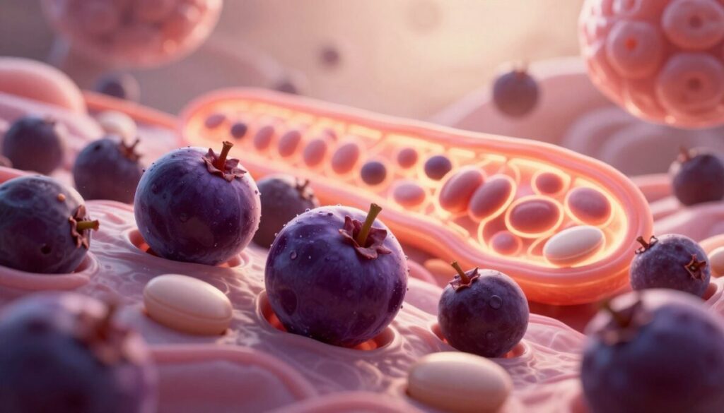 A dynamic, scientifically inspired illustration of the cellular energy mechanism powered by Maqui Berry Extract. In the foreground, vibrant purple Maqui berries are showcased, surrounded by molecular structures, representing antioxidants and active compounds. The middle layer features stylized, glowing mitochondria with intricate details, hinting at metabolic processes. The background consists of an abstract representation of cells, softly illuminated by a warm light to evoke a sense of vitality and energy. Use a slightly blurred effect for depth, capturing a macro view to emphasize the complexity and beauty of cellular interactions. The atmosphere should feel energized and natural, highlighting the transformative power of Maqui berries on metabolism.