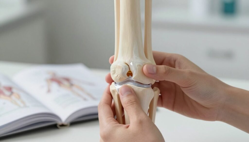 A human hand gently gripping a joint model, showcasing an anatomical view of a knee joint. The focus is on the joint capsule, with a transparent layer indicating synovial fluid loss, creating an air pocket. In the foreground, soft, diffused lighting highlights the textures of the joint while casting subtle shadows for depth. The middle ground features a blurred anatomy book partially open, providing context to the subject. The background consists of a softly blurred clinical environment, evoking a sense of a healthcare setting. The mood is calm and educational, with a palette of neutral colors to emphasize the seriousness of joint discomfort. The image conveys a sense of struggle yet hopefulness for understanding joint health.