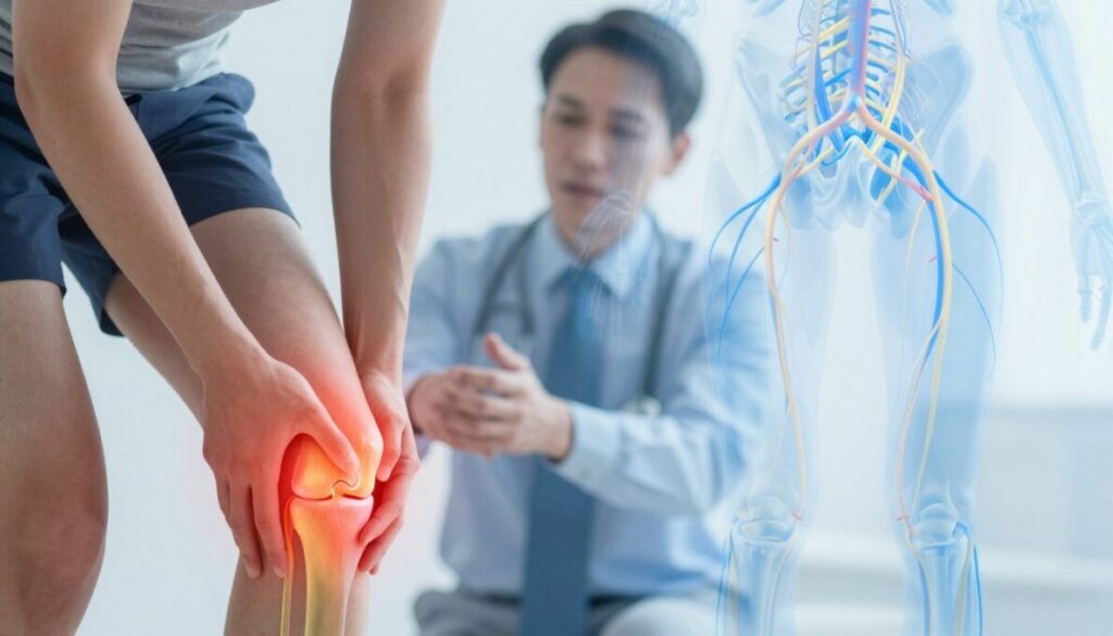 A medical illustration contrasting joint pain and nerve damage. In the foreground, a human figure displaying anatomical highlights of the knee and elbow joints, showcasing inflammation and discomfort in warm red hues. Beside it, an overlay of the nervous system, with highlighted nerves illustrating damage, depicted in cooler blue tones. The middle ground features a faint image of a person in professional attire, cautiously reaching towards their affected areas to symbolize pain. The background consists of a soft-focus anatomical diagram, softly lit to create a clinical atmosphere. Use a close-up angle to emphasize details of joint swelling and nerve pathways, creating an educational yet empathetic mood that conveys the complexity of these two conditions.