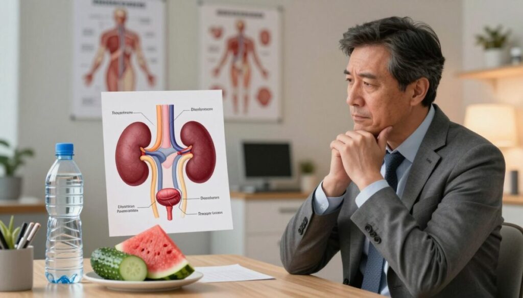 A medical-themed illustration depicting the causes of frequent urination. In the foreground, a thoughtful middle-aged man in professional business attire examines a diagram showing the urinary system, emphasizing the bladder and kidneys, with medical labels. In the middle ground, a close-up of a water bottle and a stack of healthy foods, like cucumbers and watermelon, symbolizes hydration and diet's impact on urination. The background features a softly lit doctor's office, with anatomical posters on the walls and a cozy atmosphere, suggesting comfort and knowledge. The lighting is warm and inviting, creating a sense of calm and professionalism while highlighting the intricate nature of health issues related to frequent urination.