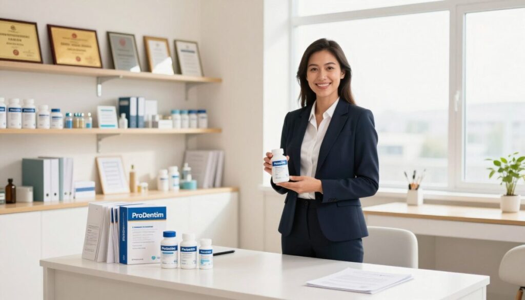 A modern office environment showcasing the manufacturer behind ProDentim. In the foreground, a well-lit desk with dental care products, including ProDentim bottles and brochures. A professional representative, dressed in smart business attire, stands confidently to the side, smiling and presenting the products. In the middle ground, shelves lined with dental research and accolades, highlighting the company's commitment to quality. The background features a large, bright window letting in natural light, giving a warm and inviting atmosphere. The color palette is soft and clean, emphasizing health and wellness. The overall mood is trustworthy and professional, reflecting the innovative nature of the company in the oral probiotic industry. Use a slightly elevated angle for a comprehensive view.