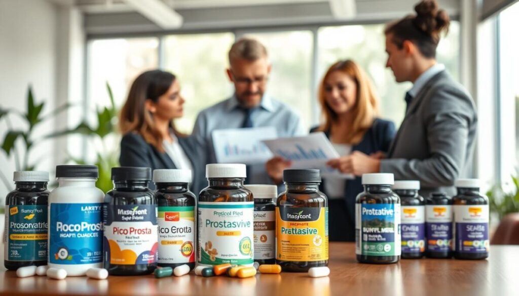 A professional and informative scene depicting the "Prostate Health Supplements Market Overview." In the foreground, an array of supplement bottles and capsules featuring various labels like "Pico Prosta" and "Prostavive," presented on a sleek wooden table. In the middle ground, a diverse group of three adults, one man and two women, in professional business attire, engaged in discussion over a laptop showing market data charts. In the background, a bright and modern office setting with plants and large windows letting in soft natural light. The atmosphere is focused and colaborative, conveying a sense of trust and professionalism in health and wellness. Shot with a shallow depth of field to emphasize the products and the engaged discussion, capturing the dynamic of the market landscape.