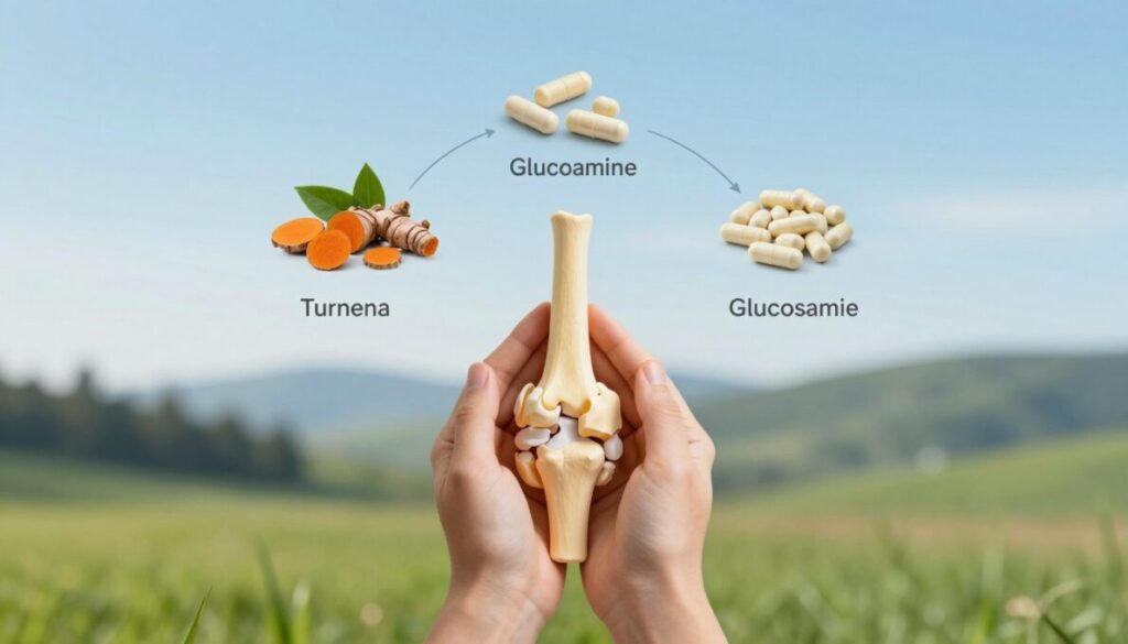 A professionally designed infographic illustrating the concept of joint health solutions. In the foreground, depict a pair of human hands gently holding a stylized joint model, showcasing the complexity of joint structures. In the middle ground, include visual representations of natural ingredients, like turmeric and glucosamine capsules, arranged in a visually appealing manner. The background should feature a calming landscape that evokes a sense of relief and well-being, with soft gradients of blues and greens to symbolize healing. Use soft, natural lighting to create an inviting atmosphere, and employ a shallow depth of field for a polished look that draws attention to the foreground elements. The overall mood should convey hope and clarity in understanding joint pain relief solutions.