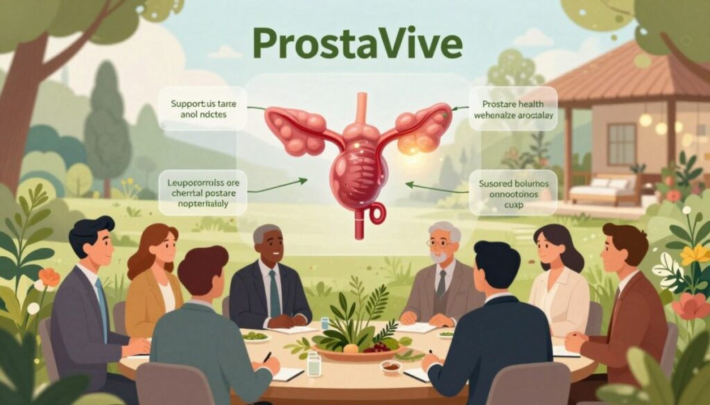 A serene and informative illustration depicting the process of how ProstaVive supports prostate health naturally. In the foreground, a diverse group of middle-aged men in professional business attire engage in a discussion, surrounded by botanical elements like herbs and plants symbolizing natural ingredients. The middle layer features a transparent overlay of a healthy prostate, illustrating key functions and benefits with subtle glowing highlights, showcasing the essence of ProstaVive’s natural support. In the background, a calming and harmonious landscape of a nature-inspired wellness center is visible, with soft lighting that signifies tranquility and health. The atmosphere is uplifting and educational, ideal for conveying the essence of natural health support. Use a soft-focus lens to create a warm, inviting ambiance.