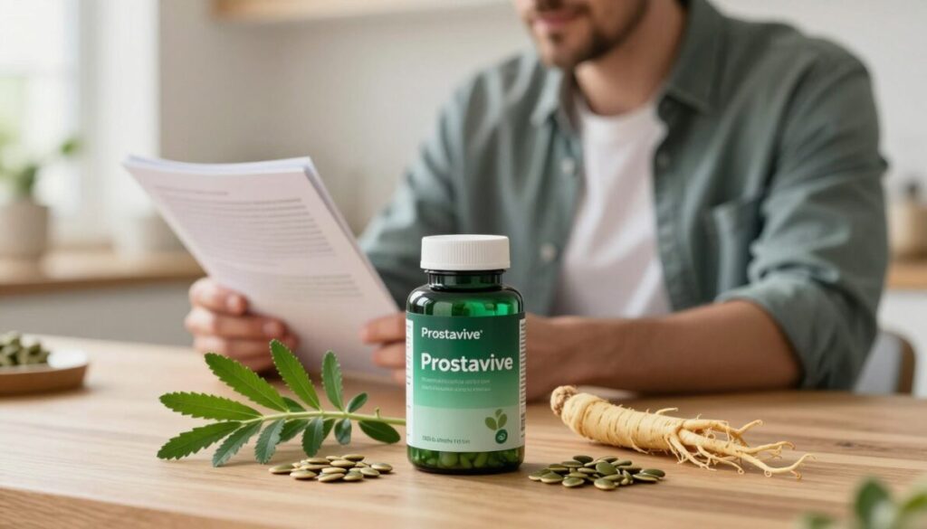 A serene and informative scene showcasing the essence of Prostavive, a prostate health supplement. In the foreground, a green bottle labeled "Prostavive" with a clean and modern design is centered on a wooden table. Surrounding the bottle, there are natural elements like fresh herbs—such as saw palmetto, pumpkin seeds, and ginseng—arranged artfully to emphasize natural health. In the middle ground, a subtle hint of a masculine figure dressed in professional casual attire, thoughtfully reviewing health-related materials, conveying a sense of wellness and vitality. The background features soft-focus elements of a bright and airy kitchen or study with soft daylight streaming in, creating a warm, inviting atmosphere. The overall mood is one of positivity and health, highlighting the importance of prostate support in men's wellness.