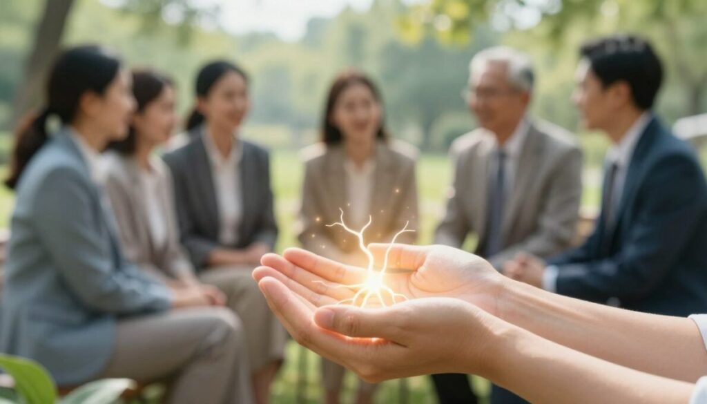 A serene and inviting scene depicting the concept of nerve health. In the foreground, display a close-up of human hands gently holding a glowing nerve bundle, symbolizing vitality and wellness, with subtle visual cues like light emanating from it. In the middle, a soft-focus image of a diverse group of individuals in professional, business attire engaged in friendly conversation, suggesting the supportive connections that contribute to overall wellness. The background features a tranquil, nature-inspired setting, blending greens and blues to evoke calmness. The lighting should be warm and softly diffused, creating an uplifting atmosphere, with a slight vignette effect to draw attention to the foreground elements. The overall mood should convey hopefulness and vitality, emphasizing the importance of nerve health in daily life.