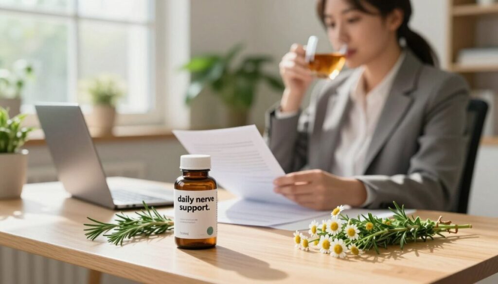 A serene and inviting workspace highlighting "daily nerve support." In the foreground, a neatly arranged desk with a bottle of nerve support supplements, surrounded by fresh herbs like rosemary and chamomile, symbolizing natural support. In the middle ground, a relaxed individual in professional business attire, seated at the desk, thoughtfully reviewing documents while sipping herbal tea, conveying a sense of tranquility and focus. The background features soft natural lighting streaming through a large window, illuminating the room with a warm glow, adorned with calming green plants. The mood is peaceful and supportive, emphasizing the importance of nurturing nerve health in daily life, inspiring a sense of well-being and balance. The angle captures both the desk and the individual harmoniously engaged in self-care.