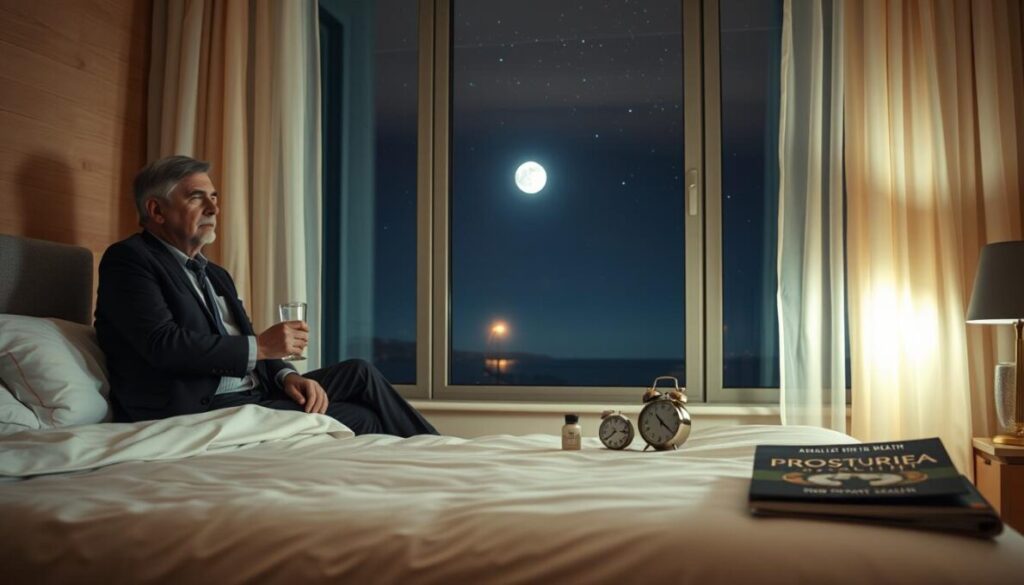A serene bedroom scene at night, softly illuminated by gentle moonlight filtering through sheer curtains. In the foreground, a middle-aged man in professional business attire appears to be sitting on the edge of a neatly made bed, contemplative, holding a glass of water. Nearby, a small bedside table holds a clock displaying 2:00 AM, a water bottle, and a health booklet on prostate health, subtly suggesting the theme of nocturia. In the middle background, a large window reveals a calm night sky filled with stars, casting a tranquil glow. The atmosphere is peaceful yet thought-provoking, capturing the struggle of sleeplessness and its connection to prostate health. Utilize soft focus and warm lighting to enhance the soothing mood of the scene.