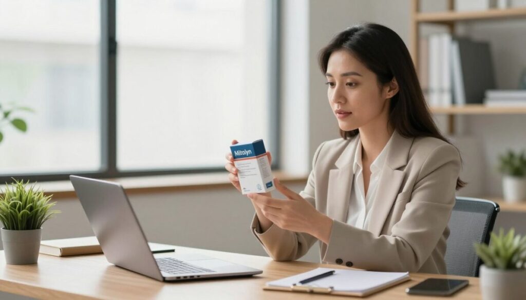 A serene, modern workspace with a professional woman in modest business attire, seated at a stylish desk, examining a box of Mitolyn supplements with curiosity. She has an expression of anticipation and optimism as she holds the product. In the foreground, a well-organized desk features a laptop, a notepad, and a plant, emphasizing a healthy lifestyle. The background shows a bright, airy office with large windows allowing natural light to flood in, creating a warm and inviting atmosphere. Soft focus on the background gives a sense of depth, while the lighting subtly highlights the subject. The mood is uplifting and encouraging, reflecting the excitement of trying something new for health and vitality.