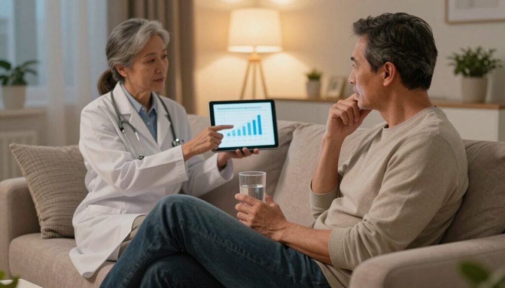 A serene night scene depicting a middle-aged man sitting comfortably on a modern, plush sofa in a well-lit living room, discussing prostate health with a doctor. In the foreground, the man, dressed in smart casual attire, displays a thoughtful expression, holding a glass of water, symbolizing hydration. In the middle ground, the doctor, wearing a white coat, points to a digital tablet showing graphs related to nocturia causes, emphasizing the importance of prostate health. The background features soft, warm lighting, with a cozy ambiance from a nearby lamp and subtle plants that enhance wellness. The overall mood is informative yet calming, reflecting themes of comfort and health awareness.
