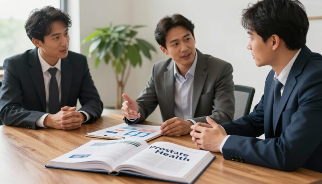 A serene office setting featuring a diverse group of three men in smart business attire, discussing prostate health. The foreground showcases a large, open book titled "Prostate Health" resting on a polished wooden table. In the middle ground, the men are engaged in a friendly conversation, with one gesturing towards a graphical chart depicting prostate health statistics. The background features soft green plants, symbolizing natural support, adding a touch of tranquility. Gentle, warm lighting illuminates the scene, creating a feeling of camaraderie and encouragement. The angle is slightly above eye level, capturing the men's expressions and emphasizing the importance of health discussions. The overall atmosphere is professional yet approachable, aimed at promoting awareness and support for men's health.