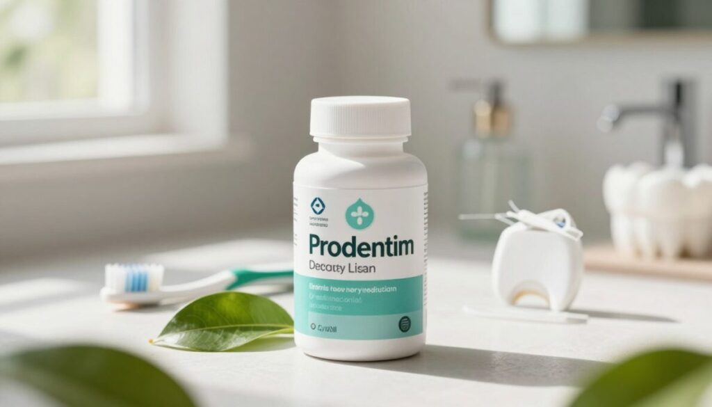 A sleek and modern bottle of Prodentim dietary supplement sits prominently in the foreground, surrounded by vibrant green leaves, representing natural ingredients. The bottle is labeled clearly, showcasing its design with a minimalist aesthetic. In the middle ground, a soft-focus arrangement of dental tools, such as a toothbrush and floss, hints at oral health. The background features a serene bathroom setting with bright, natural light streaming in through a window, casting gentle shadows. The atmosphere is fresh and inviting, evoking a sense of vitality and wellness. The scene is captured from a slightly elevated angle for depth, with a soft, warm light that enhances the colors and textures, making the entire composition feel balanced and aesthetically pleasing.