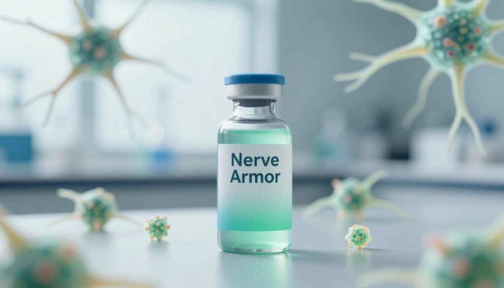 A sleek and modern representation of "Nerve Armor," depicted as a scientific product. In the foreground, showcase an elegant bottle of Nerve Armor, with a soft gradient from blue to green, emphasizing its soothing properties. Surround the bottle with ethereal nerve cells and synapses, highlighted with gentle glowing effects that symbolize nerve comfort and protection. In the middle ground, include a blurred lab setting filled with soft, natural light, enhancing the atmosphere of well-being and innovation. The background features abstract representations of synaptic pathways, softly lit to create a calming environment. The image captures a sense of tranquility and safety, evoking feelings of support and natural healing. The composition should create an inviting and informative visual without any text or distractions.