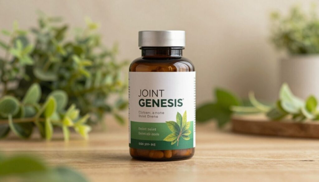 A sleek, modern Joint Genesis supplement bottle placed prominently in the foreground, showcasing its distinctive design, with a glossy label featuring natural imagery like leaves and herbs. The bottle is situated on a wooden surface, reflecting a natural and health-oriented vibe. In the middle ground, a softly blurred array of green plant life complements the product, emphasizing its natural ingredients. The background features a serene, softly lit setting with warm, diffuse lighting that creates an inviting atmosphere. The image is captured with a slight top-down angle, allowing for a clear view of the bottle's label. The mood is calm and wellness-focused, highlighting the supplement’s promise to relieve joint pain and enhance mobility.