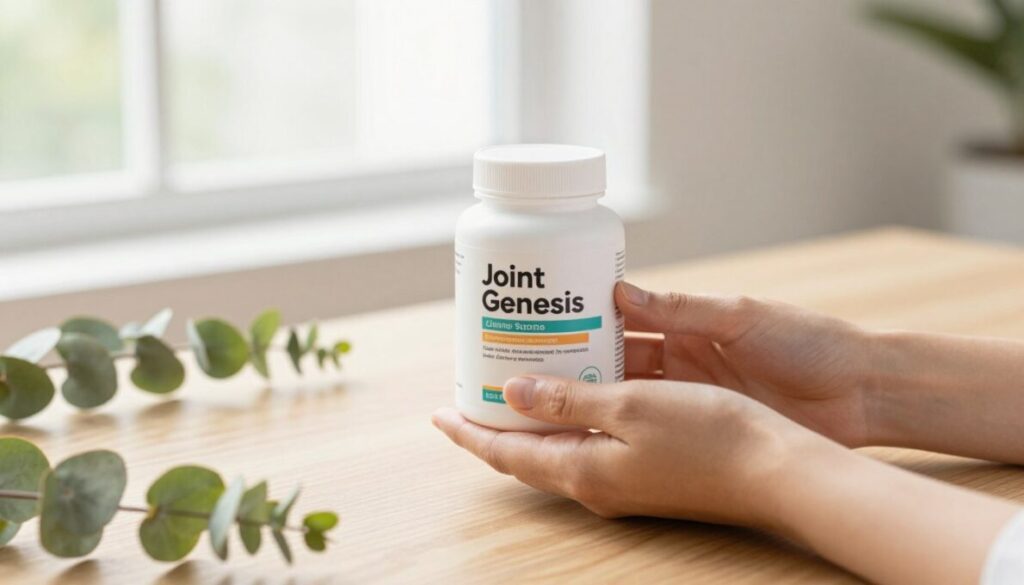 A sleek, modern jar of the "Joint Genesis" supplement sitting elegantly on a minimalist wooden table, surrounded by green eucalyptus leaves to convey freshness. In the foreground, a soft-focus view of a pair of hands holding the jar gently, showcasing a warm, inviting atmosphere. In the middle ground, the label on the jar is bright and eye-catching, clearly depicting the product's name and benefits without text clutter. The background features a bright, airy window with soft, natural light pouring in, creating a sense of vitality and health. The overall mood is uplifting and energetic, appealing to those seeking effective joint support solutions. The camera angle is slightly elevated, ensuring a clear view of the jar while maintaining a homey, inviting vibe in the scene.