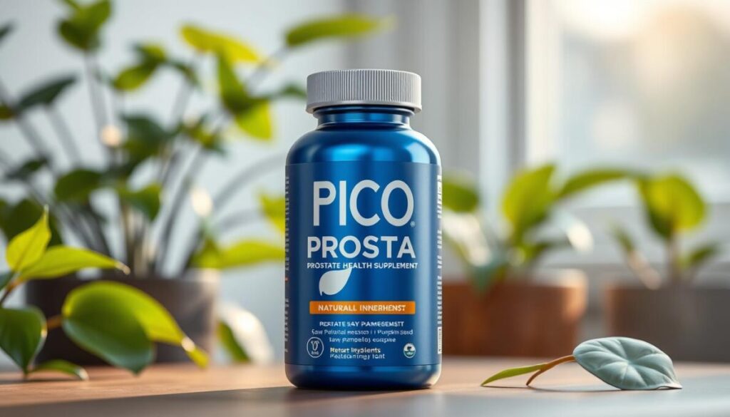 A sleek, modern packaging design for the "Pico Prosta Prostate Health Supplement" prominently displayed in the foreground. The packaging is a matte blue bottle with a silver cap, featuring an intricate graphic of a prostate gland and natural ingredients like saw palmetto and pumpkin seed. Surrounding the product, a softly blurred background showcases a serene health-nature theme with green leafy plants and light streaming in through a window, creating a calm and wellness-focused atmosphere. The lighting is warm and slightly diffused to evoke a sense of trust and professionalism. No human figures present, only the product in focus, emphasizing its intent for prostate health support in a clinical yet inviting setting.