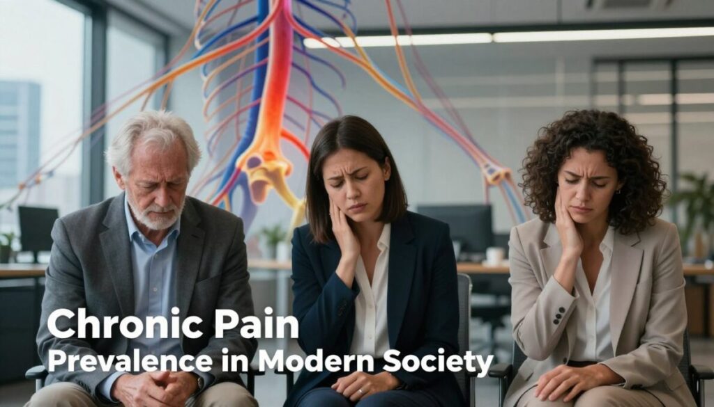 A thought-provoking representation of "Chronic Pain Prevalence in Modern Society." In the foreground, a diverse group of three individuals (one elderly man, one middle-aged woman, and one young adult) dressed in professional business attire, sitting together in a modern office setting, all displaying subtle expressions of discomfort. In the middle ground, an abstract illustration of nerve pathways and joint structures intertwining, symbolizing the complexity of chronic pain, with vibrant colors depicting inflammation and tension. The background features a blurred cityscape, emphasizing the fast-paced nature of modern life. Soft, ambient lighting adds a somber tone, while a shallow depth of field draws focus to the human expressions. The overall atmosphere conveys a sense of urgency and the need for awareness surrounding chronic pain issues.