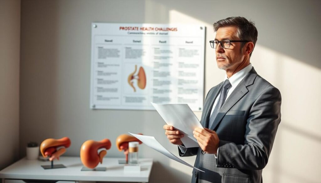 A thoughtful, serene scene depicting a middle-aged man in a professional business suit, standing in a doctor’s office, reflecting on prostate health after the age of 40. He holds a medical report while examining anatomical models of the prostate on a desk beside him. In the background, a wall chart illustrates common prostate health challenges in an informative yet non-specific manner. Soft, natural lighting fills the room, creating a calm and focused atmosphere. The camera angle is slightly above eye level, giving a sense of authority and introspection to the subject. Overall, the image conveys a sense of awareness and proactive health management, underscoring the importance of understanding prostate health challenges faced by men over 40.