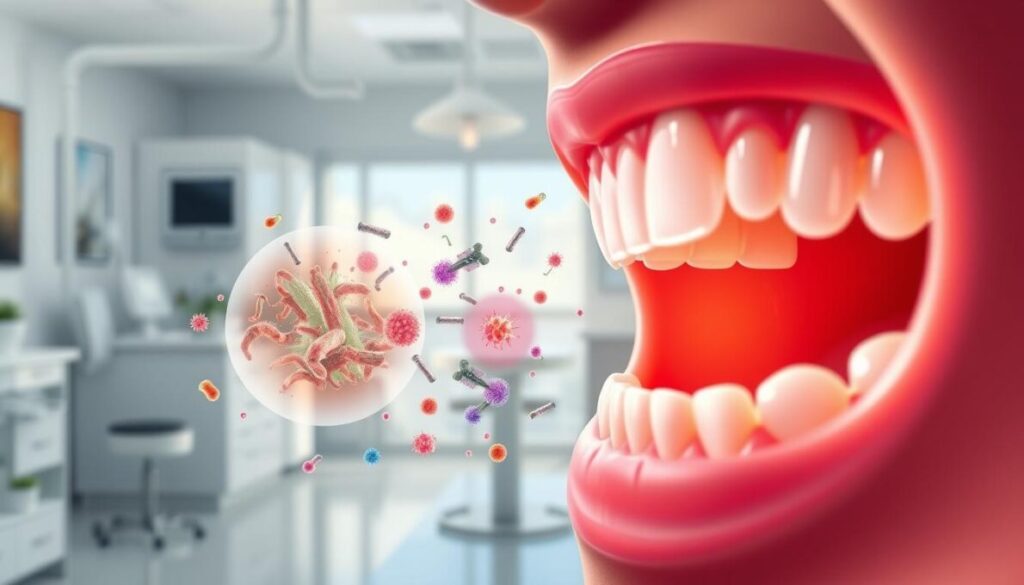 A vibrant and informative illustration depicting the oral microbiome's importance for health, focusing on the relationship between beneficial bacteria and gum health. In the foreground, feature a close-up of a human mouth with healthy gums and teeth, showcasing microbial interactions with vivid colors highlighting friendly bacteria. The middle ground should depict a balanced microbiome ecosystem, with microscopic visuals of bacteria in harmonious motion. In the background, convey a clean dental office setting with soft, natural lighting creating a serene atmosphere. Capture the image from a slightly elevated angle to emphasize depth and encourage visual exploration. The overall mood should be educational and inviting, promoting curiosity about oral health without any text or distractions.