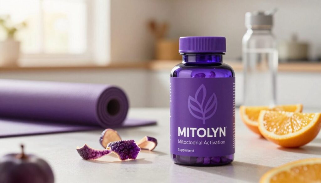 A vibrant, eye-catching depiction of the MITOLYN Mitochondrial Activation Supplement bottle, prominently featured in the foreground. The bottle is sleek and modern, displaying a rich purple label adorned with a stylized leaf motif, symbolizing natural ingredients. Surrounding the bottle, a scattering of fresh purple peels and citrus slices evoke the essence of the supplement. In the middle ground, a softly blurred table with hints of wellness items like a yoga mat and water bottle setting a health-conscious atmosphere. The background is a serene, lightly lit kitchen, with gentle sunlight streaming through a window, creating a warm and inviting glow. The overall mood is refreshing and motivating, suggesting vitality and transformation in weight loss, beautifully capturing the essence of the MITOLYN brand.