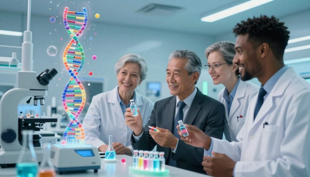 A vibrant, futuristic laboratory scene focusing on the concept of "metabolic repair." In the foreground, a diverse group of three professionals in business attire examines glowing vials and high-tech devices representing cellular energy. Their expressions are engaged and optimistic, reflecting a breakthrough moment. The middle ground features sleek laboratory equipment, with visual elements like colorful DNA strands or energetic particles swirling around, symbolizing the metabolic processes at work. The background shows a bright, sterile lab environment with soft blue and green lighting, creating an atmosphere of innovation and health. The overall mood is energetic and hopeful, emphasizing the advancements in metabolism science without depicting any intense workout scenes or diets.