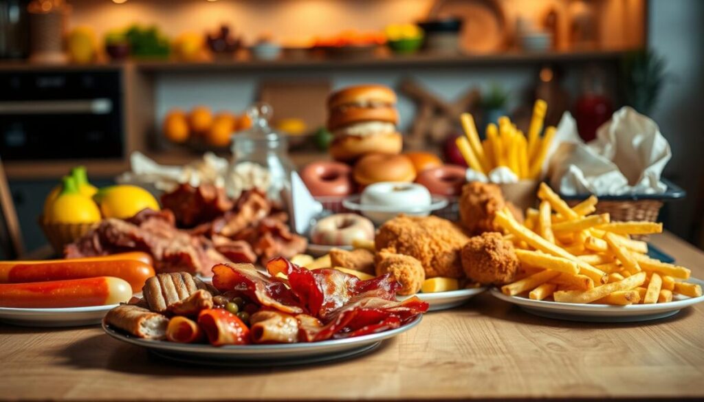 A vibrant table spread featuring various foods harmful to prostate health. In the foreground, display a small assortment of processed meats like hot dogs and bacon, alongside a plate of fried foods like crispy chicken and French fries, all with rich, greasy textures. In the middle, include an array of sugary snacks, like donuts and candy, arranged artfully. The background should feature soft-focus fruits and vegetables, suggesting healthier choices, with warm, diffused lighting to evoke a cautionary yet inviting atmosphere. Capture the scene from a slightly elevated angle, emphasizing the contrast between harmful foods and healthier options. Add a subtle, moody shadow to highlight the seriousness of the topic. The setting is a home kitchen or dining table, reflecting daily lifestyle choices.